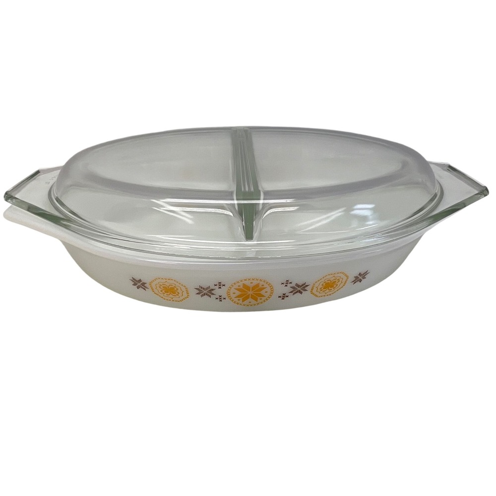 Pyrex Town and Country Divided Casserole Dish 1.5 Qt White Orange Brown VTG MCM